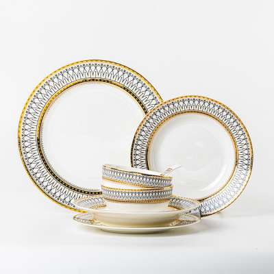 Banquet elegant round shape luxury gold rimmed 16 pcs tableware royal bone china dinner set