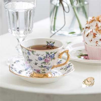 Italain style fancy colorful floral unique shape gold plated bone china tea cups ,  coffee cup saucer