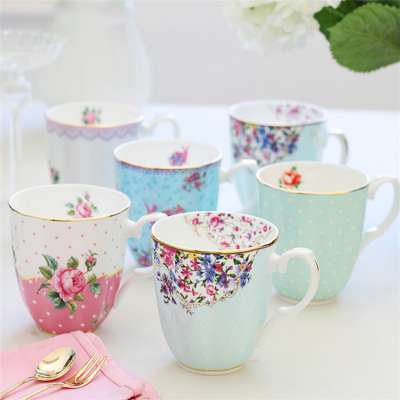 New products customized fancy bone china floral coffee mugs unique  reusable mug for restaurant